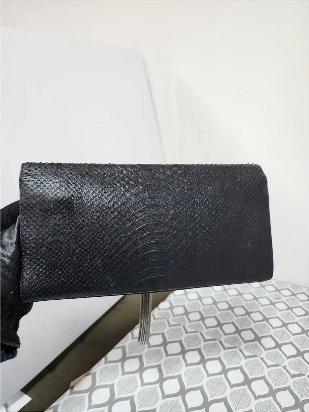 YVES SAINT LAURENT Croc Embossed Leather Tassel Kate Clutch Bag Black - Picture 6 of 11